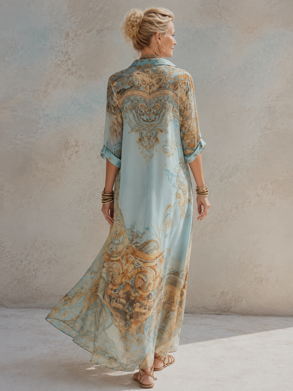 Baroque Style Floral Blue Chiffon Maxi Dress