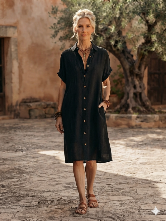Modern Boho Effortless Black Linen Relaxed Midi Dress