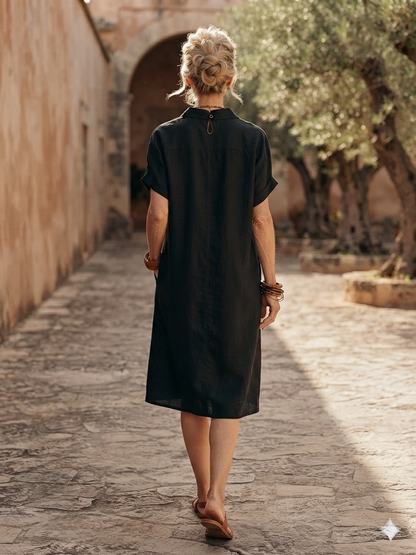 Modern Boho Effortless Black Linen Relaxed Midi Dress