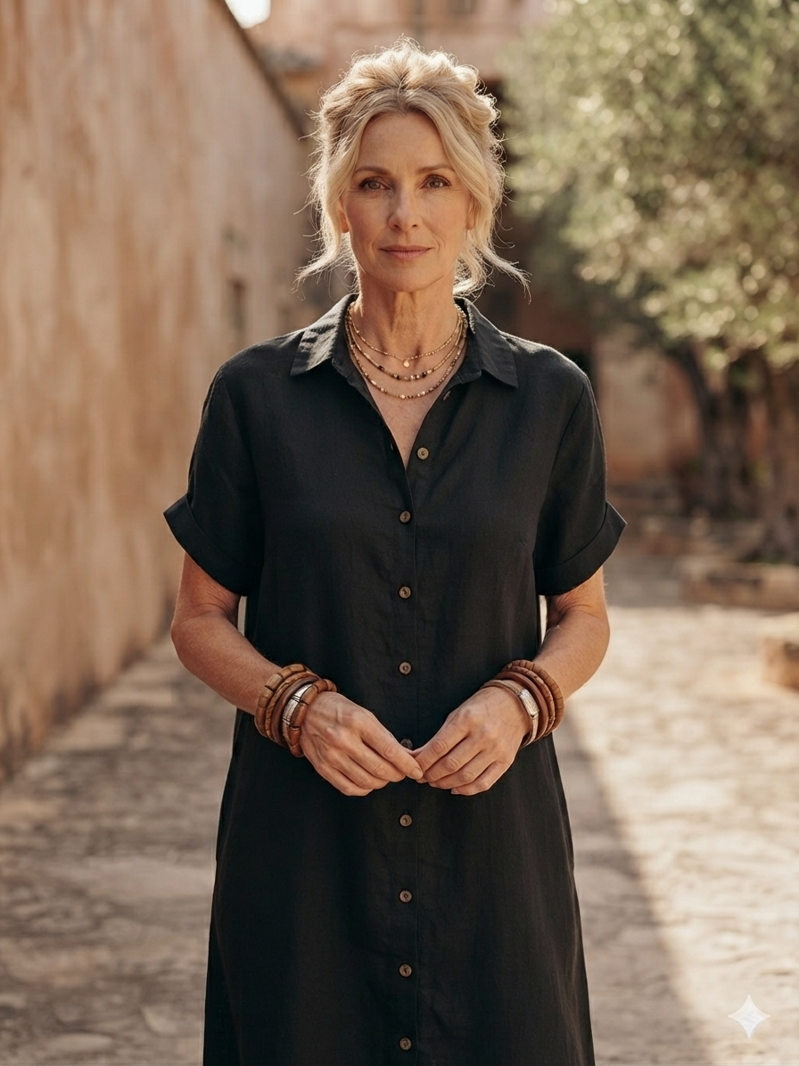 Modern Boho Effortless Black Linen Relaxed Midi Dress