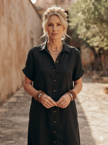 Modern Boho Effortless Black Linen Relaxed Midi Dress