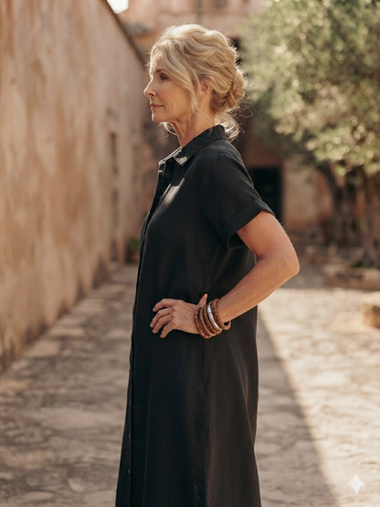 Modern Boho Effortless Black Linen Relaxed Midi Dress