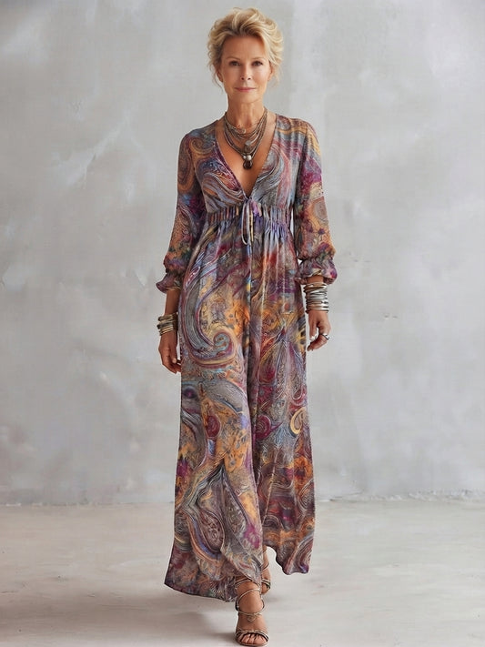 Vintage Paisley Print V neck Dress With Tie Waist