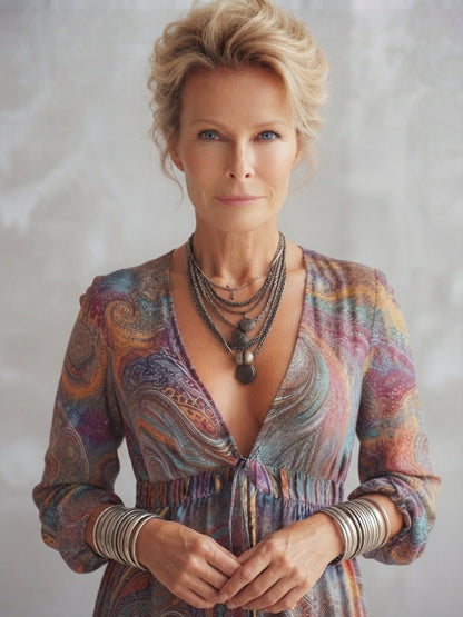 Vintage Paisley Print V neck Dress With Tie Waist