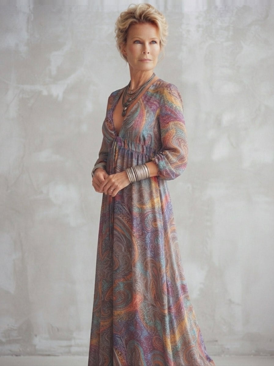 Vintage Paisley Print V neck Dress With Tie Waist