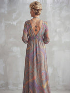 Vintage Paisley Print V neck Dress With Tie Waist