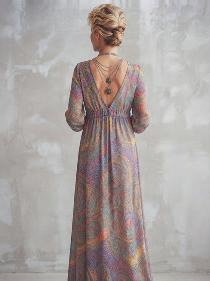 Vintage Paisley Print V neck Dress With Tie Waist