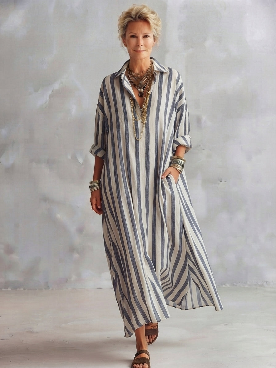 Casual Striped Shirt Bohemian Style Maxi Dress