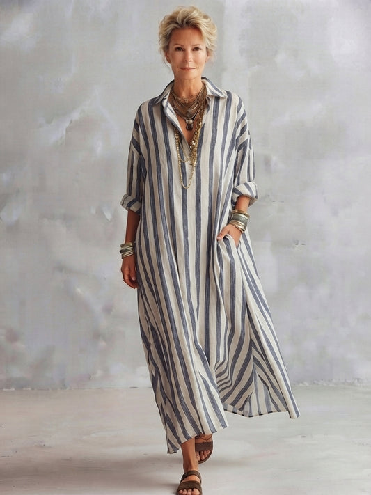 Casual Striped Shirt Bohemian Style Maxi Dress