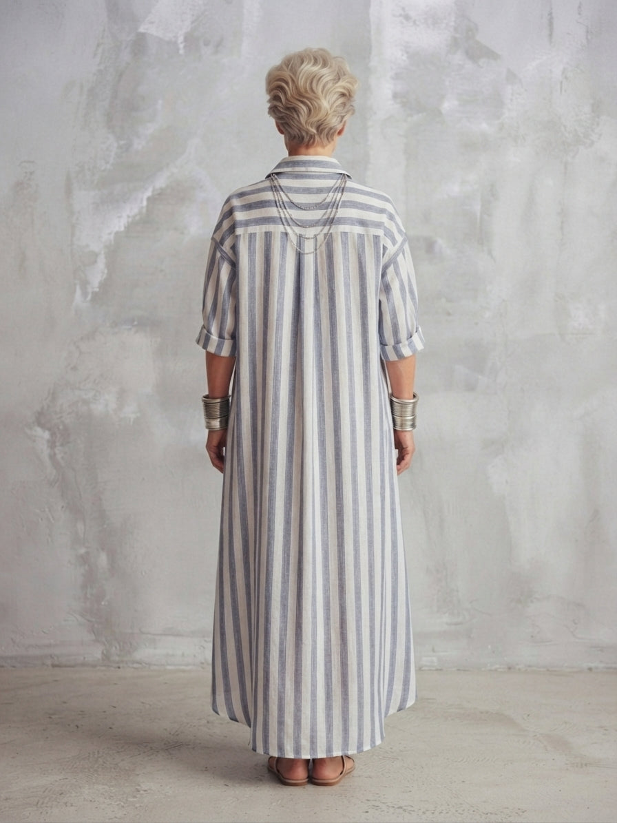Casual Striped Shirt Bohemian Style Maxi Dress