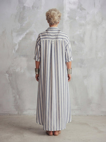 Casual Striped Shirt Bohemian Style Maxi Dress