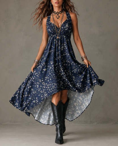 Serena™ – Midnight Bloom Halter Dress