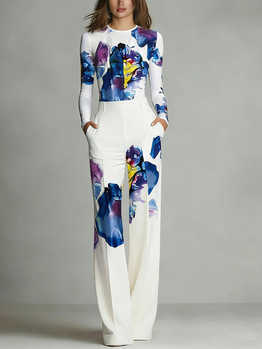 Sienna Color-Blocked Crew Neck Top and Trousers Set