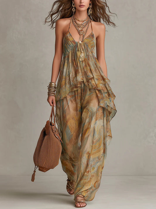 Sienna Chiffon Ruffled Camisole and Wide-leg Pants Set
