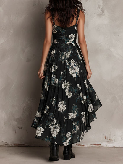 Black Bohemian Floral Print Irregular Strapless Maxi Dress