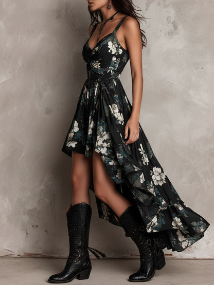 Black Bohemian Floral Print Irregular Strapless Maxi Dress