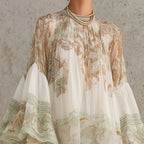 Green Print Ruffle Hem Flounce Sleeve Chiffon Mini Dress