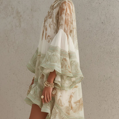 Green Print Ruffle Hem Flounce Sleeve Chiffon Mini Dress