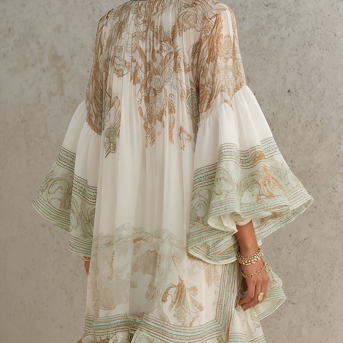 Green Print Ruffle Hem Flounce Sleeve Chiffon Mini Dress