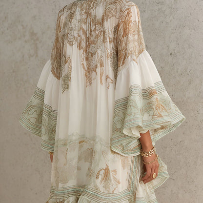 Green Print Ruffle Hem Flounce Sleeve Chiffon Mini Dress