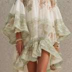 Green Print Ruffle Hem Flounce Sleeve Chiffon Mini Dress