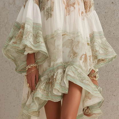 Green Print Ruffle Hem Flounce Sleeve Chiffon Mini Dress