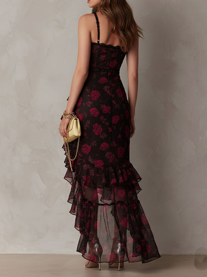 Chic Black And Red Floral Ruched Ruffle Hem Dress