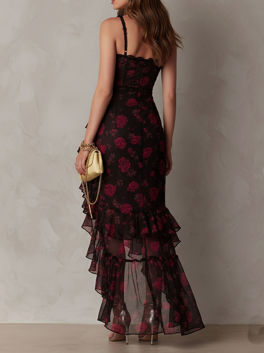 Rosalie™ Noir Floral Ruffle Maxi Dress