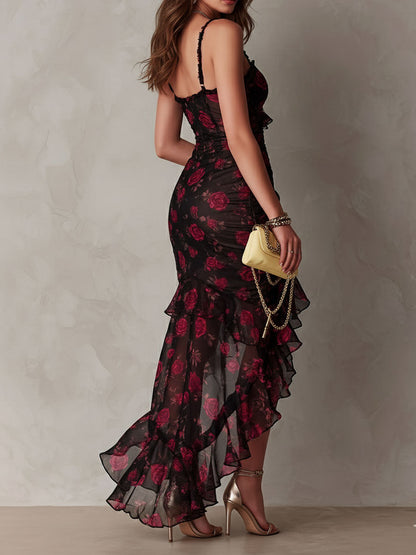 Rosalie™ Noir Floral Ruffle Maxi Dress