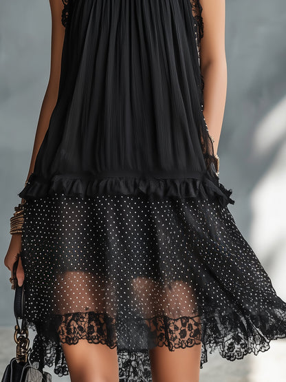 Black Lace-trimmed Ruffled Sheer Polka Dot Mini Dress