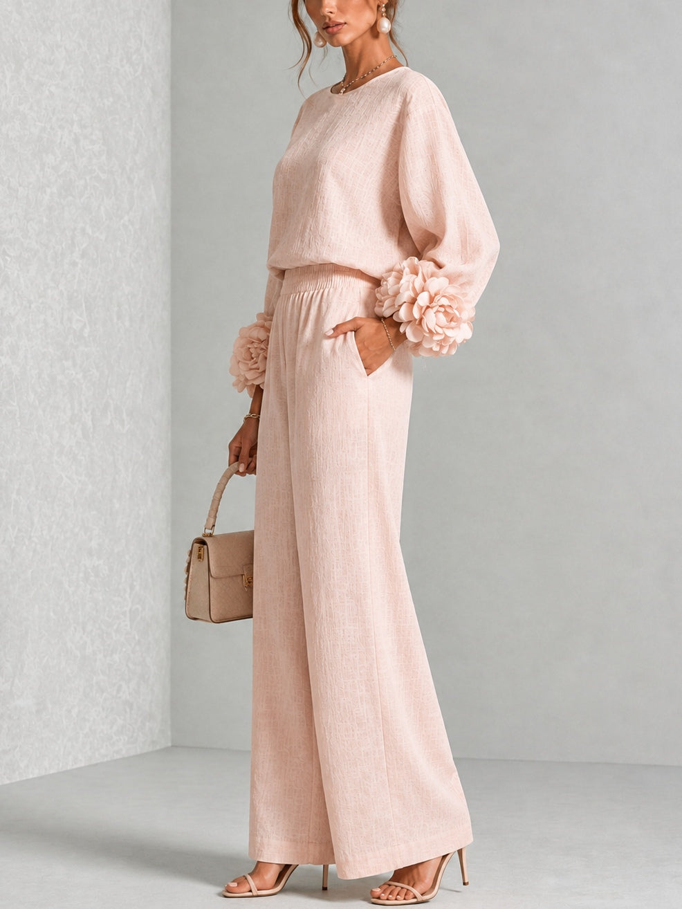 Pink Top Featuring Striking Floral Cuffs Paired With Wide-leg Pants Suit