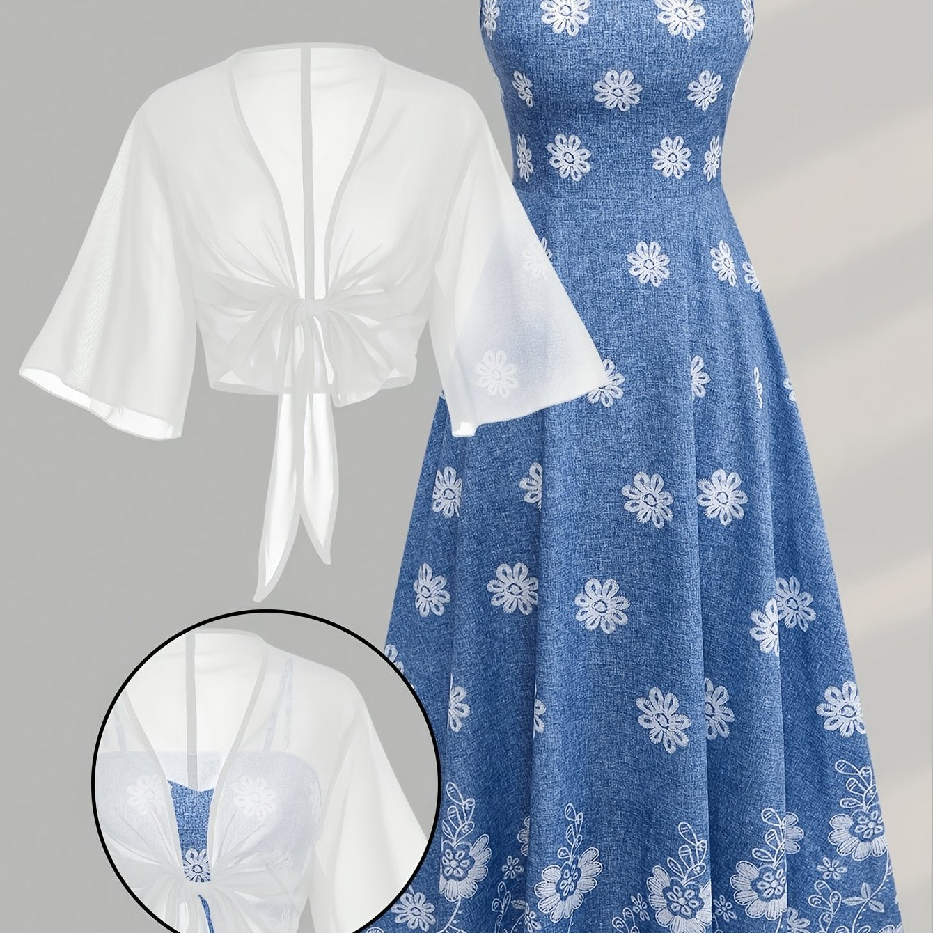 Women's New Summer Fashion Printed 2pcs Dress Set with Green Shawl