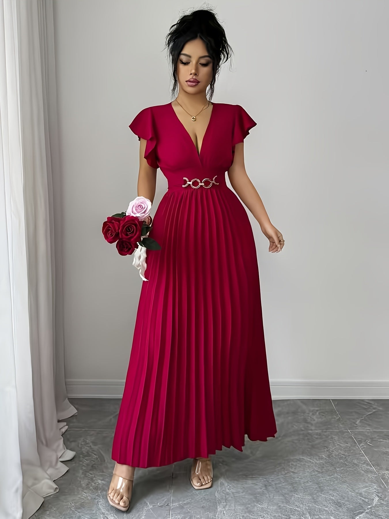 Spring And Summer New Elegant Ladies Slim V-Neck Dress with Pleated Craftsmanship, Large Skirt, Ruffled Lotus Leaf Sleeves, Valentine'S Day Party Gathering Elegant Dress, Commuting Fashion Skirt