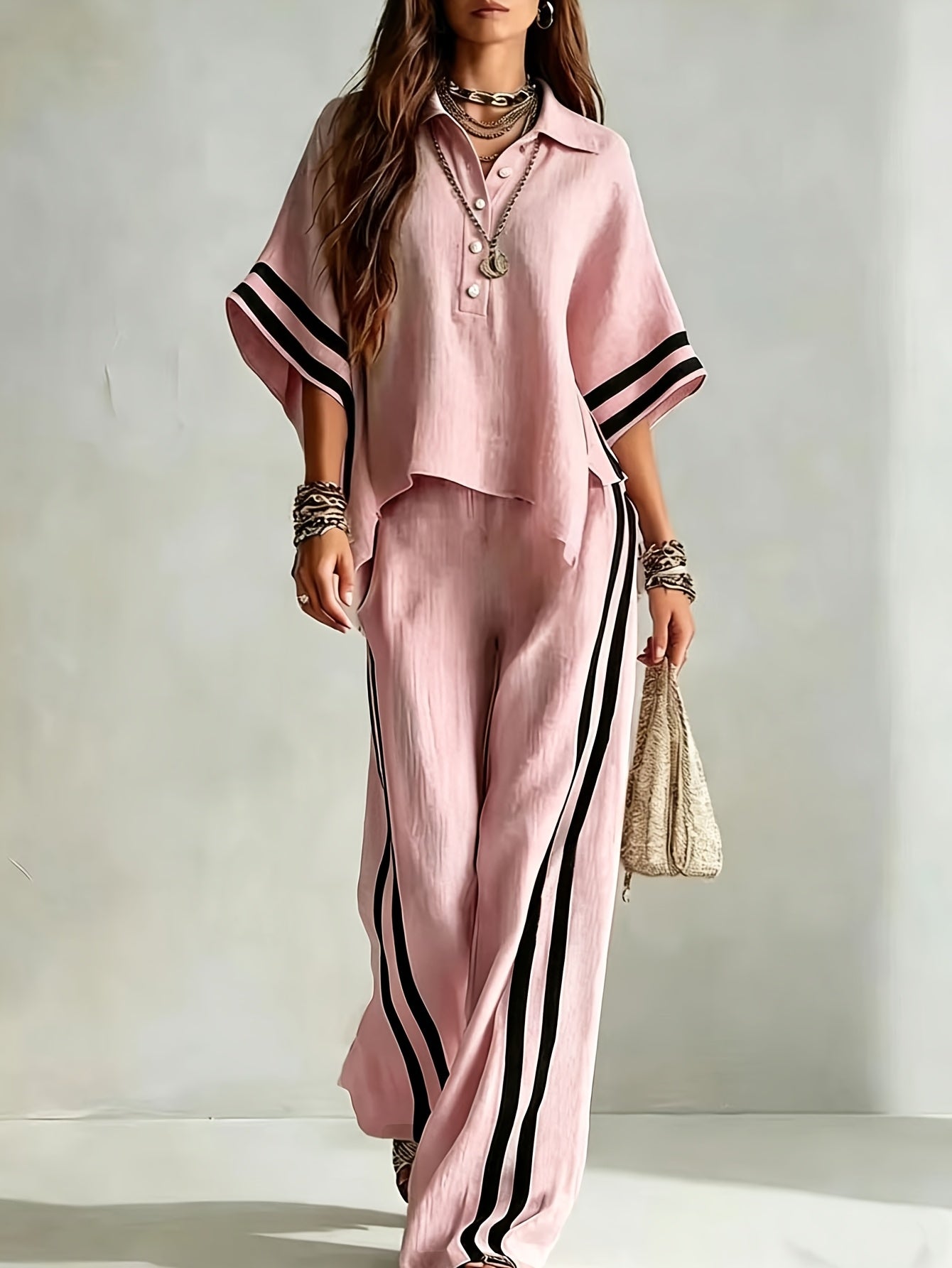 2PCSNew Women's Short Sleeved Shirt Loose Pants 2pcs Set