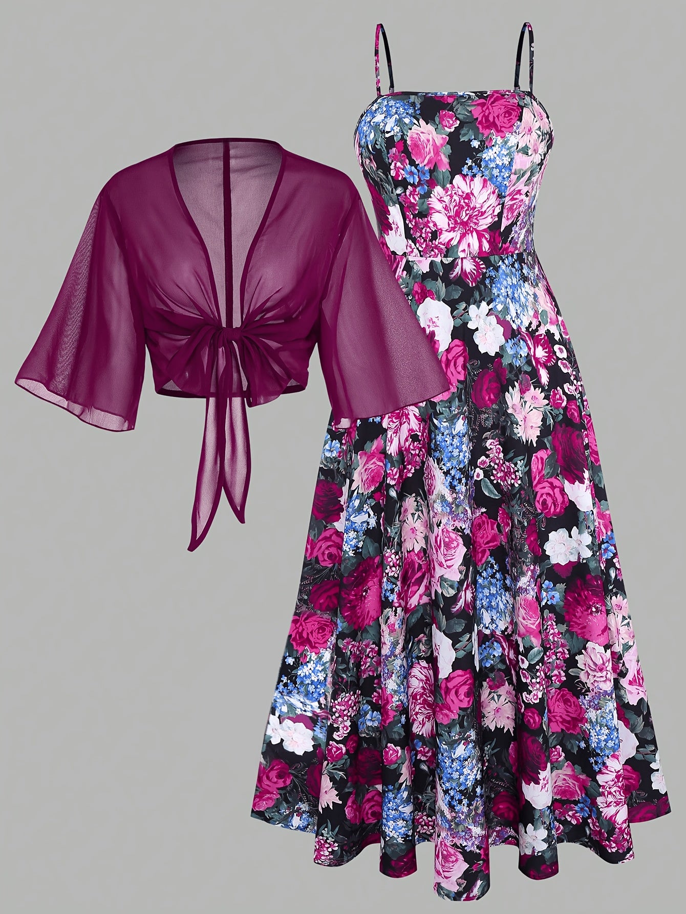 Women's New Summer Fashion Printed 2pcs Dress Set with Green Shawl