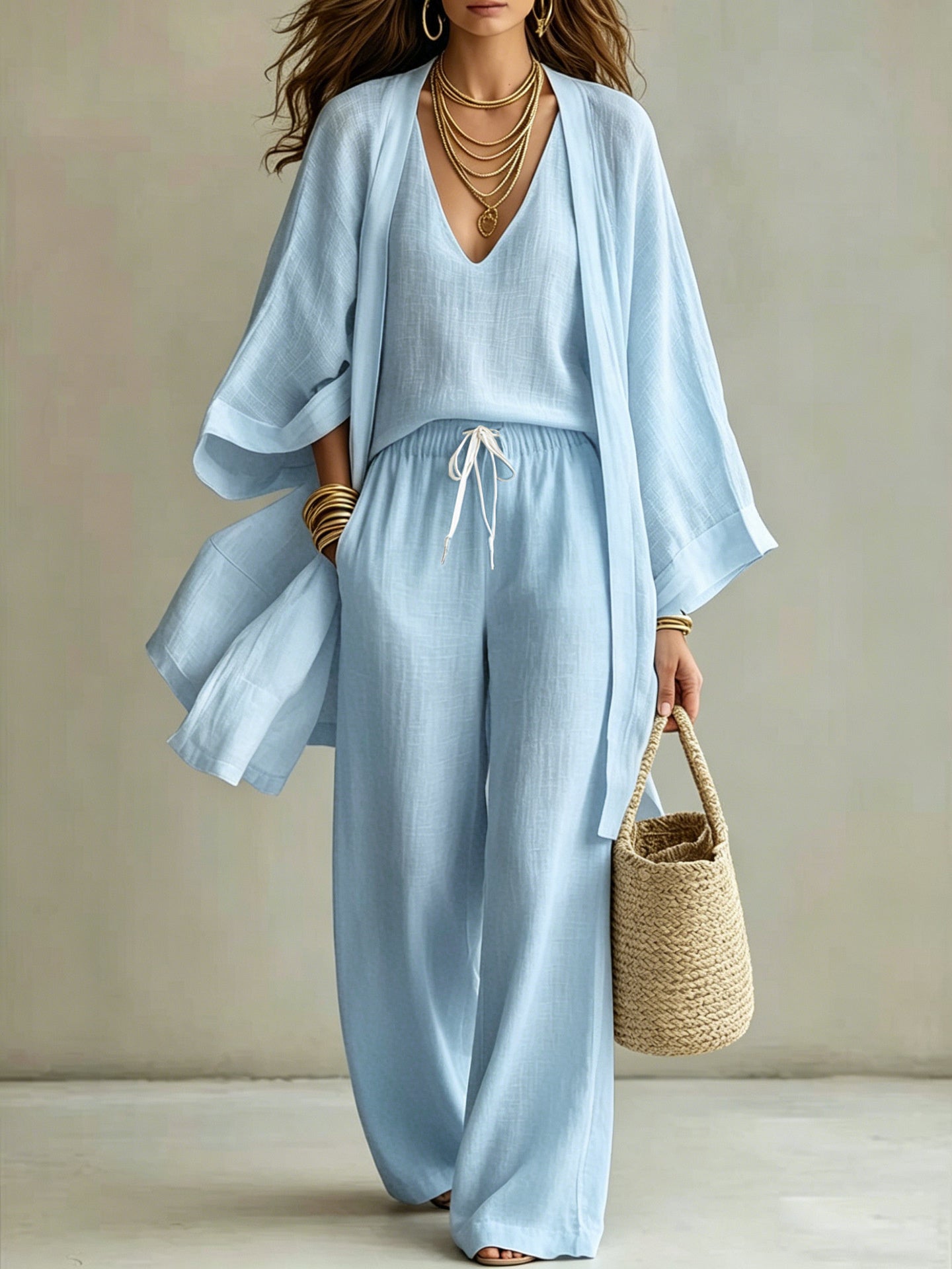 European And American Summer Loose - Mid-Length Three-Piece Set for Women: Three-Quarter Sleeve Cardigan, Sleeveless Vest, And Long Pants