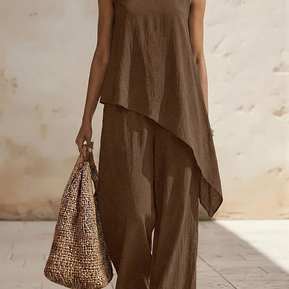Casual 2pcs Set, Loose Fit Solid Color Crew Neck Sleeveless Side Slit Irregular Hem Top with High-Waist Wide-Leg Pants
