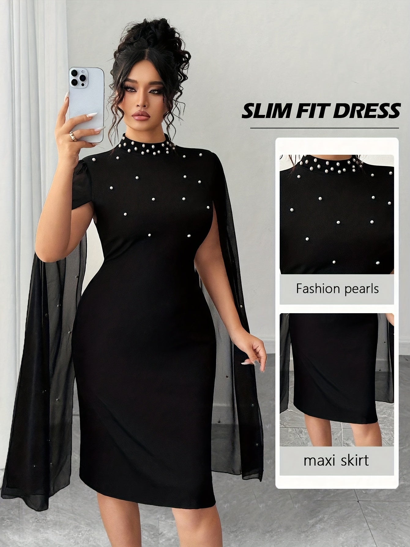Plus Size - Plus Size - Plus Size Women'S Elegant Slim Fit Black Solid Color Spliced Beaded Chiffon Mesh Sleeve Mid-Length Dress Spring And Autumn Fashion Women'S New Elegant Easy Daily Suitable for Spring And Summer Wear Women'S Dress