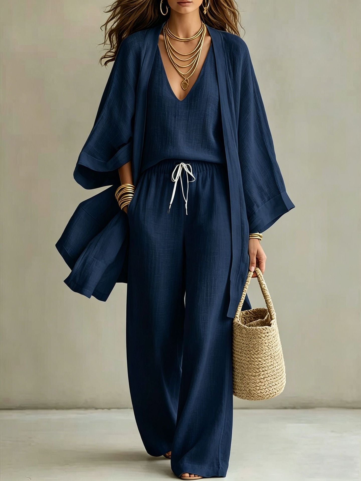 European And American Summer Loose - Mid-Length Three-Piece Set for Women: Three-Quarter Sleeve Cardigan, Sleeveless Vest, And Long Pants