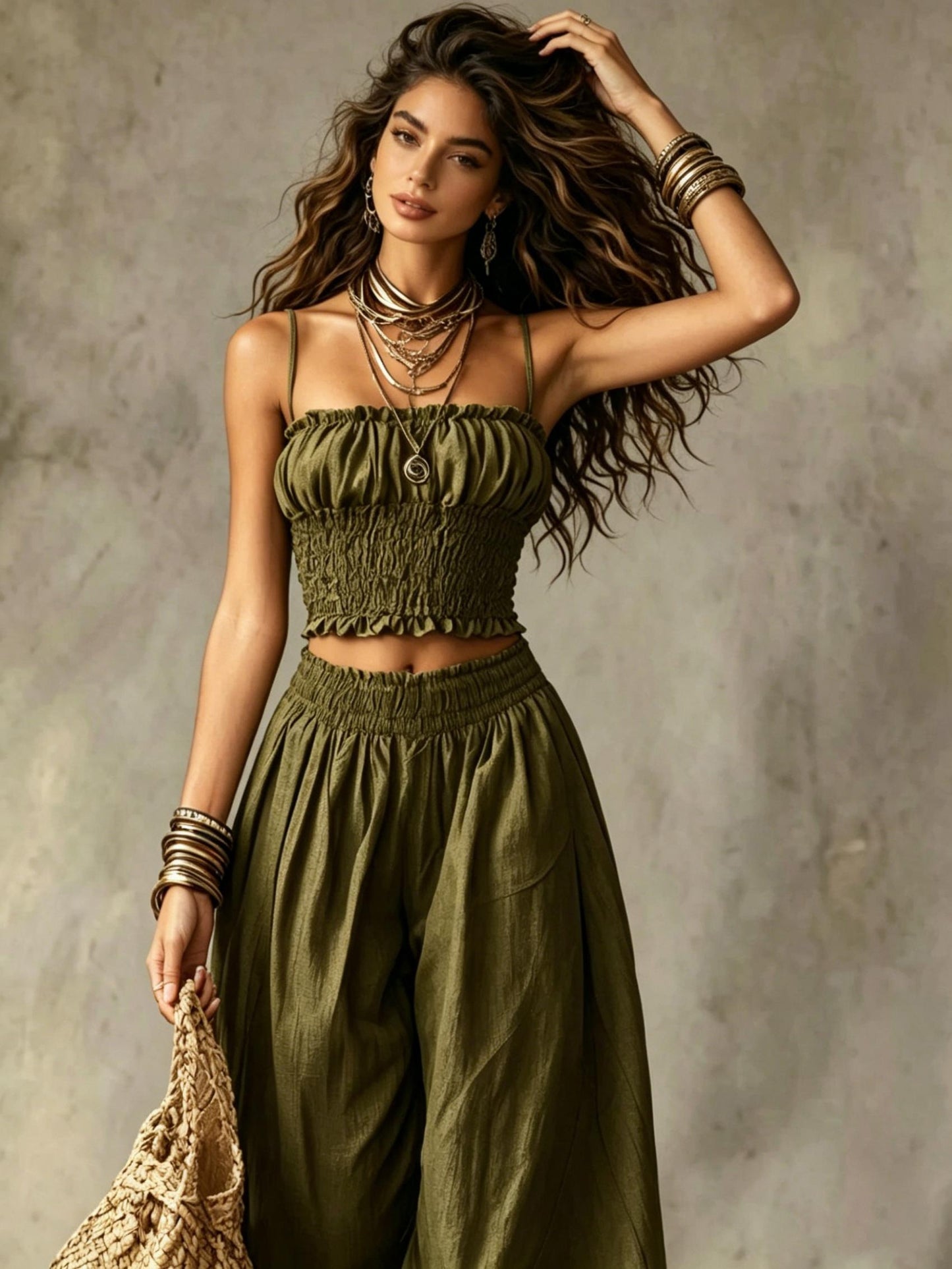 Elegant Bustier Short Cami And Lantern Pants Set, Vacation Casual Two-Piece Outfit, Women'S Style