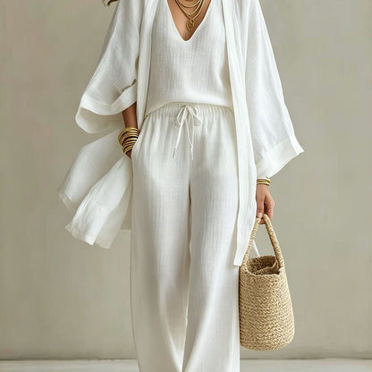 European And American Summer Loose - Mid-Length Three-Piece Set for Women: Three-Quarter Sleeve Cardigan, Sleeveless Vest, And Long Pants