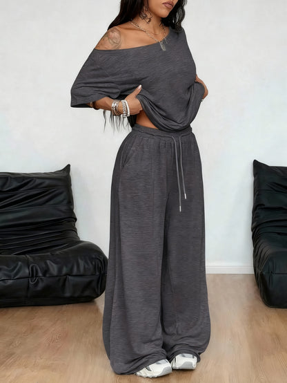 Women Cooling Breathable 2pcs Casual, Off Shoulder Short Sleeve Loose T-shirt& Elastic Drawstring High Waist Wide Leg Sweatpants Set, Soft Stretchy Oversized Loungewear Outfit for Juniors, Petite, Tall, Curvy Ladies, for Daily