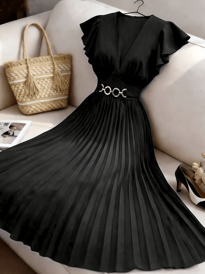 Spring And Summer New Elegant Ladies Slim V-Neck Dress with Pleated Craftsmanship, Large Skirt, Ruffled Lotus Leaf Sleeves, Valentine'S Day Party Gathering Elegant Dress, Commuting Fashion Skirt
