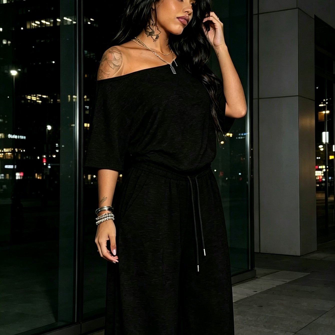 Women Cooling Breathable 2pcs Casual, Off Shoulder Short Sleeve Loose T-shirt& Elastic Drawstring High Waist Wide Leg Sweatpants Set, Soft Stretchy Oversized Loungewear Outfit for Juniors, Petite, Tall, Curvy Ladies, for Daily