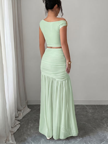 Elegant 2pcs Set for Women, Featuring a Strappy Crop Top and a Slit Maxi Skirt with Metallic Embellishments. The Slim-fit Design Is Perfect for High-end Occasions Such as Dates, Evening Parties, Gatherings, and Vacations