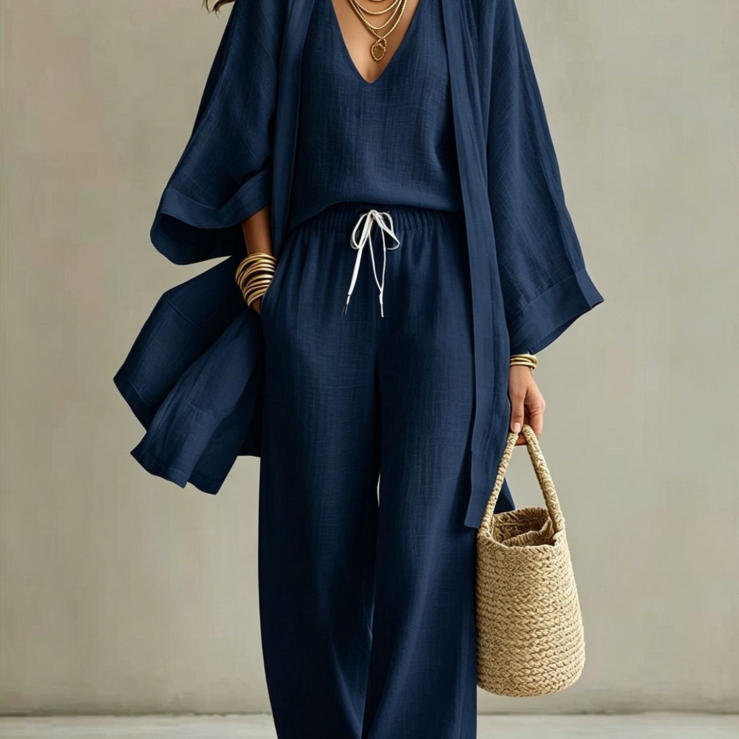 European And American Summer Loose - Mid-Length Three-Piece Set for Women: Three-Quarter Sleeve Cardigan, Sleeveless Vest, And Long Pants