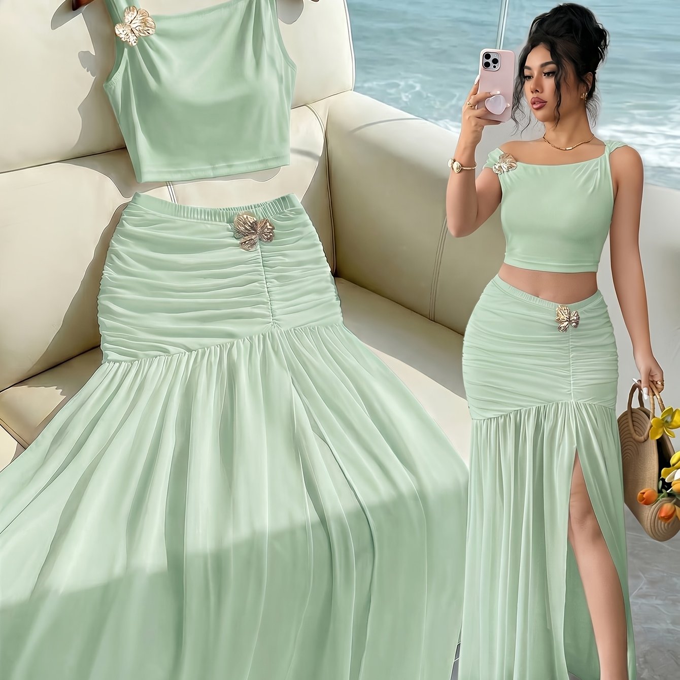 Elegant 2pcs Set for Women, Featuring a Strappy Crop Top and a Slit Maxi Skirt with Metallic Embellishments. The Slim-fit Design Is Perfect for High-end Occasions Such as Dates, Evening Parties, Gatherings, and Vacations