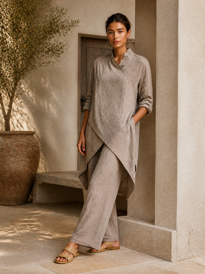 Women's Asymmetric Wrap Linen Vacation Two‑Piece Set MDZ1471H8LYL