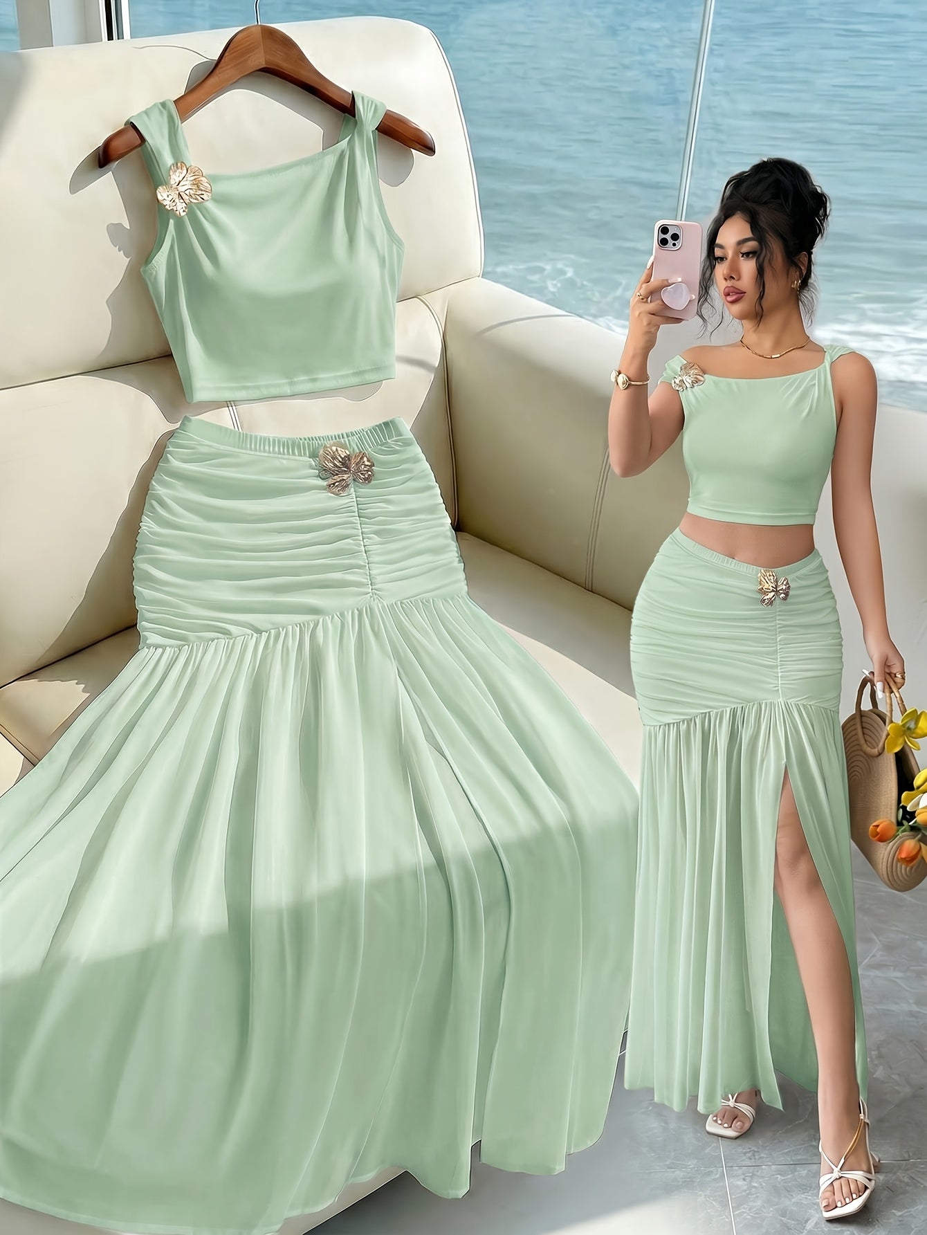 Elegant 2pcs Set for Women, Featuring a Strappy Crop Top and a Slit Maxi Skirt with Metallic Embellishments. The Slim-fit Design Is Perfect for High-end Occasions Such as Dates, Evening Parties, Gatherings, and Vacations