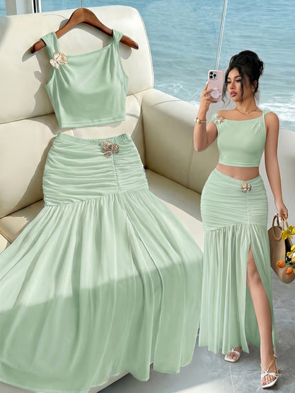 Elegant 2pcs Set for Women, Featuring a Strappy Crop Top and a Slit Maxi Skirt with Metallic Embellishments. The Slim-fit Design Is Perfect for High-end Occasions Such as Dates, Evening Parties, Gatherings, and Vacations